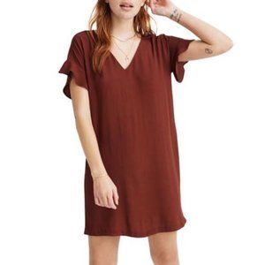 Madewell Ruffle-Sleeve Easy Shift Dress Rust Burgundy V-Neck Short Womens XS
